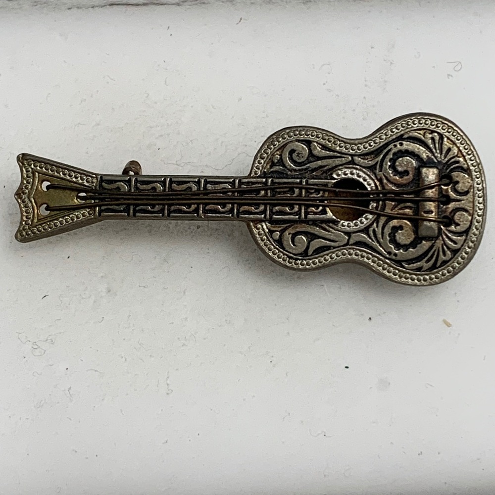 Vintage Acoustic Guitar Brooch Pin Silver Tone Floral Scroll Music Jewelry 4703